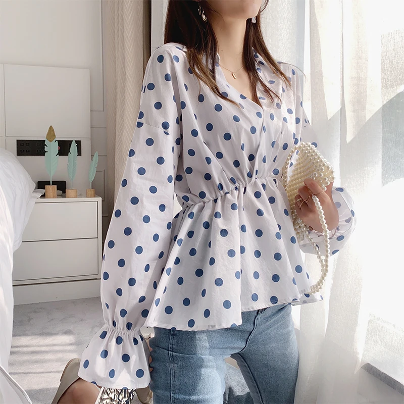  Mishow 2019 summer new collection squared collar elasticated waist blue dots white shirt women blou