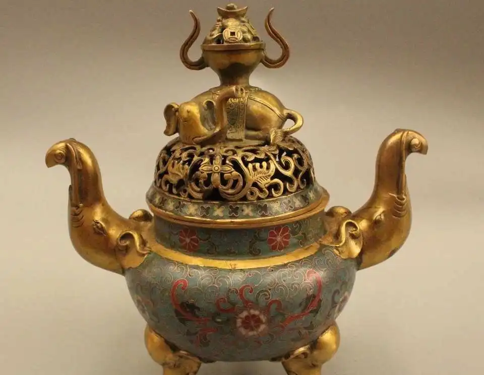 

11"Marked Chinese Folk Cloisonne Bronze Gild Elephant Incense Burner Censer