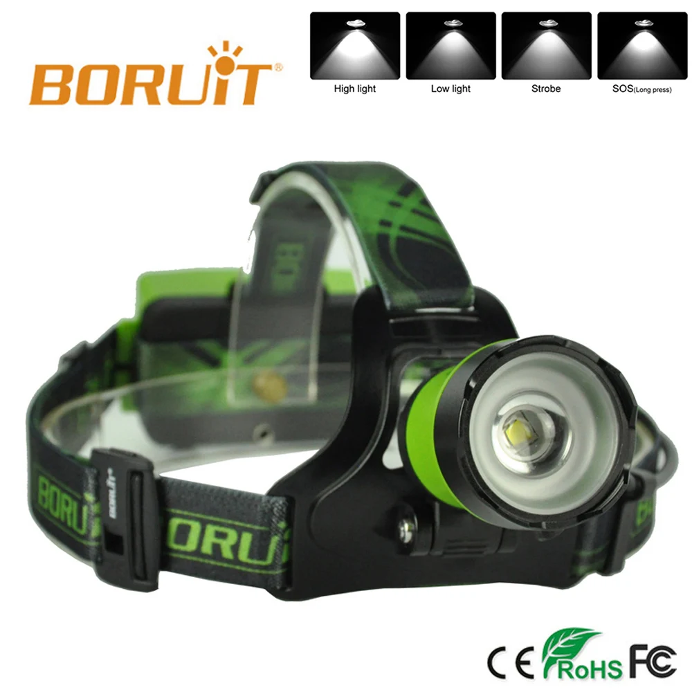 Boruit B13 светодиодный налобный фонарь, перезаряжаемый, масштабируемый головной свет, водонепроницаемый зум-фонарь, XM-L2 6000лм, зеленый Flasglight, 4 режима