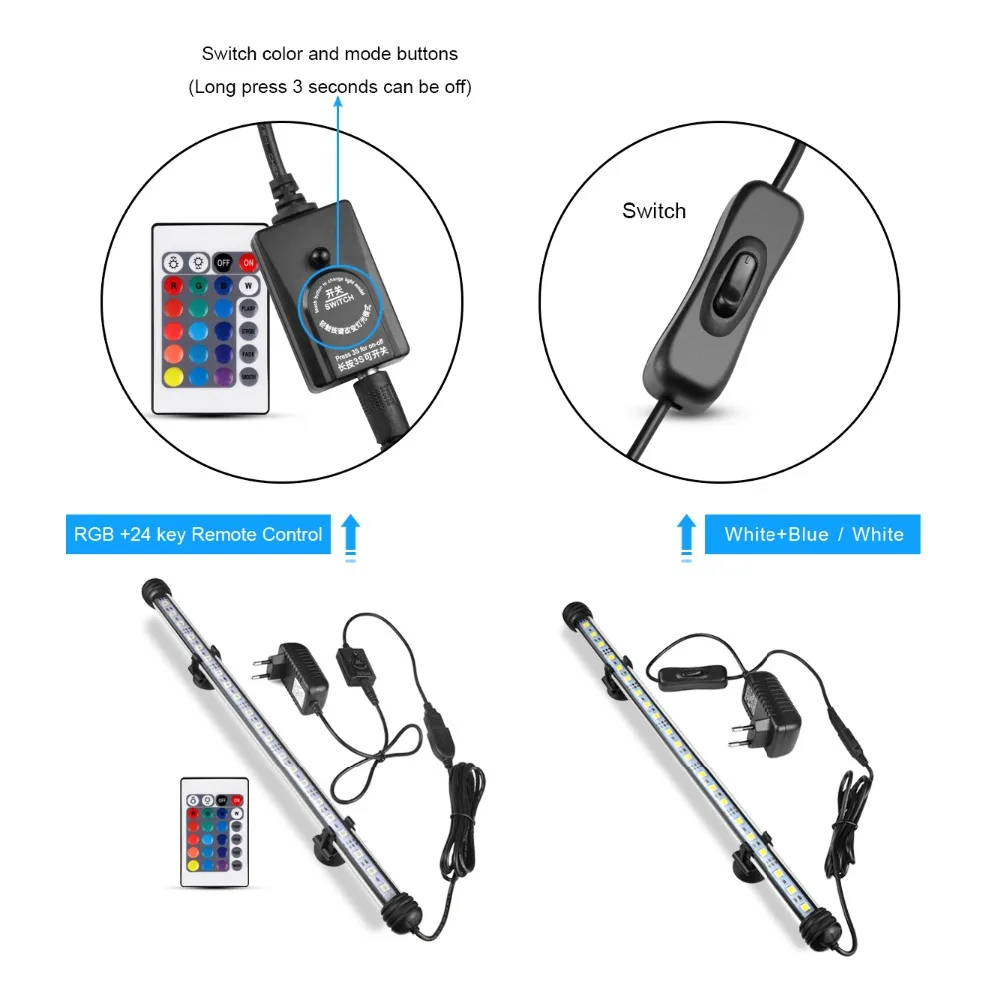 Штепсельная Вилка европейского стандарта(RGB) Дистанционное аквариумный светильник аквариума Водонепроницаемый 5050 SMD светодиодный светильник бар водных лампы погружные 19/29/39/49 см