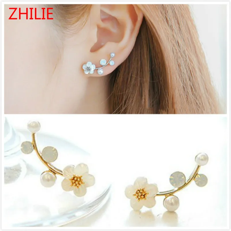 

New Fashion Crystal Earrings Pearl Women Branch Shell Pearl Flower Stud Earrings Female