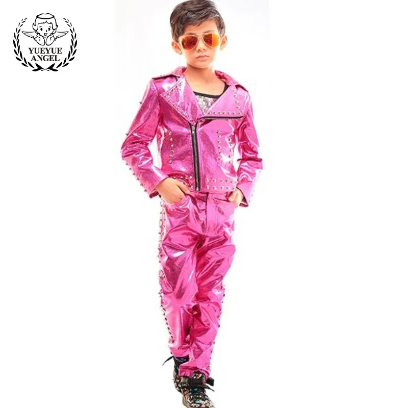 

Kids Dance Drum Red Boy Set Singer Performance Costume Childrens Lapel PU Leather Jacket+Pants 2Pcs Boys Sets Baby Coat Trousers