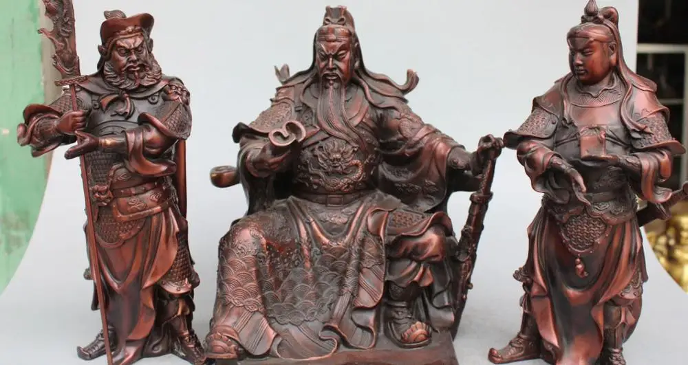 

12"Chinese Red Bronze Dragon Guangong Guan Gong Yu Ping Zhou Cang Sword Full Set