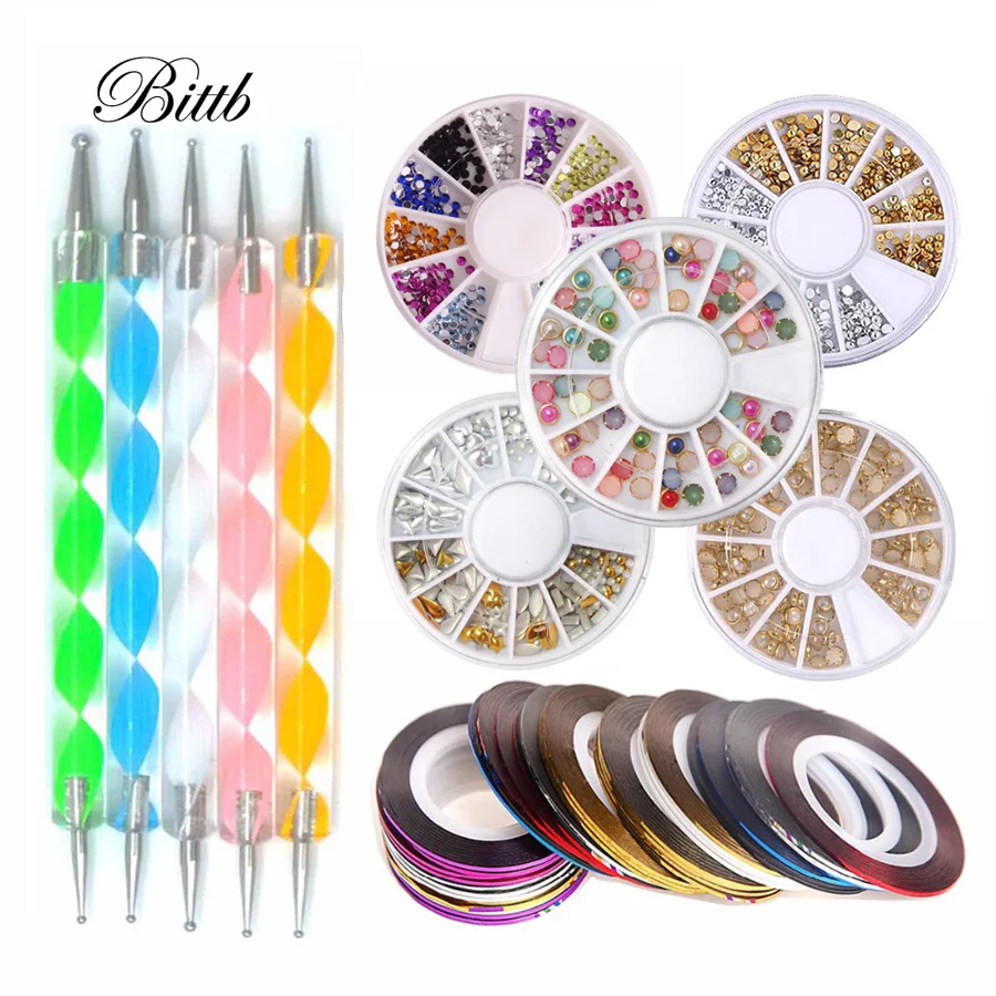 

Bittb Nail Art Tools Set Nail Rhinestones Studs Pearl Dotting Pen Striping Tape Rolls Manicure Kit 3D Glitter Nails Decoration