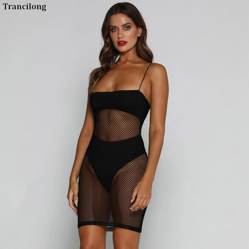 

Trancilong New Women'S Sexy Fashion Stitching Perspective Two Piece Set Gauze Short Beach Two-Piece Suit