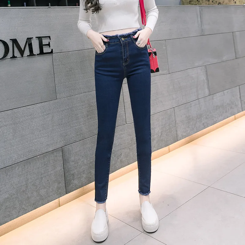 Для женщин Весна черные джинсы стрейч низ узкие Высокая талия Slim Fit потертые джинсовые узкие брюки плюс размеры