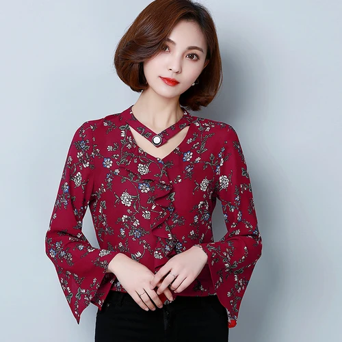 

I50031 Fashion 2019 Summer V Neck OL Workwear Chiffon Shirt