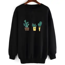 Новый стиль Для женщин кактус печати с длинным рукавом Повседневный пуловер Топы черная рубашка Женская Костюмы