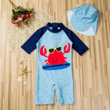 От 2 до 7 лет детский купальный костюм с рисунком краба для мальчиков и девочек, купальный костюм с УФ-защитой от солнца и шапочкой, детская пляжная одежда