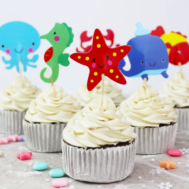 24pcs Underwater world Cute sea animal Cupcake Toppers Picks Baby