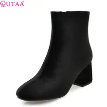 QUTAA/ г. Женские флокированные ботильоны женская обувь на высоком квадратном каблуке модные Универсальные женские ботинки на молнии с квадратным носком размеры 34-43