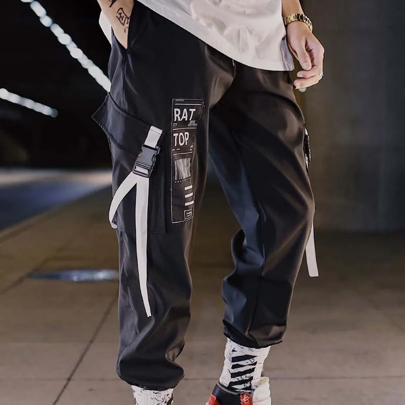 

Outdoor 2019 Spring Autumn Cargo hip hop elastic waist printed ribbon track harem pants men teenagers ankle length trousers