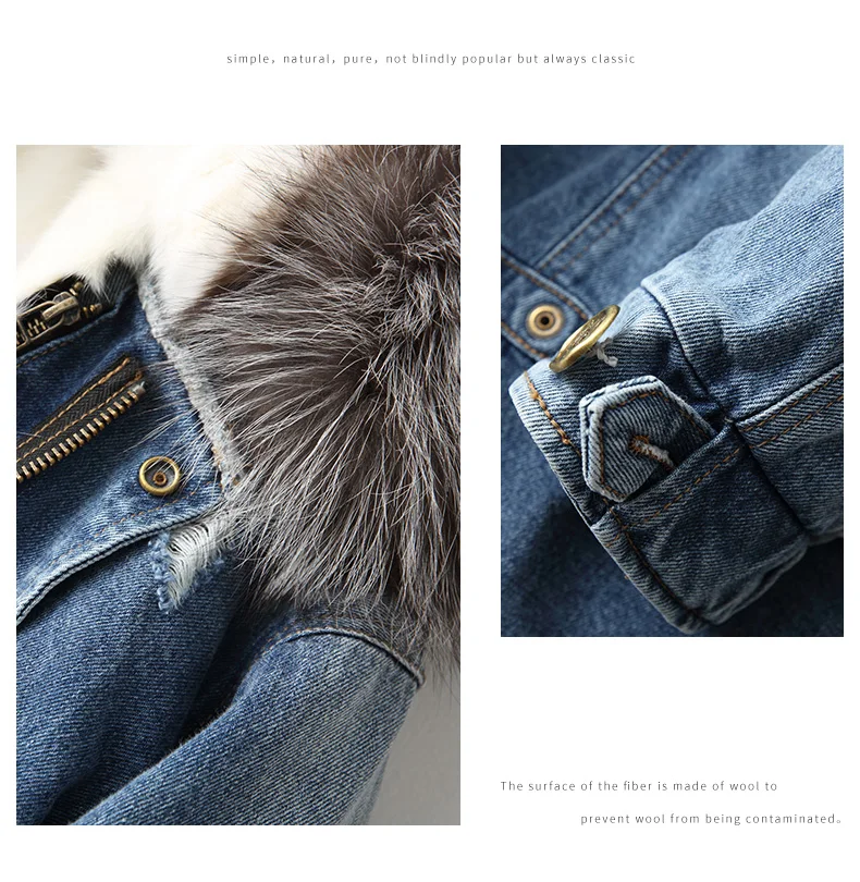 Новая парка пальто из натурального меха женская зимняя джинсовая куртка с капюшоном из натурального Лисьего меха подкладка теплые джинсы пальто KQN68659-1 KJ3154