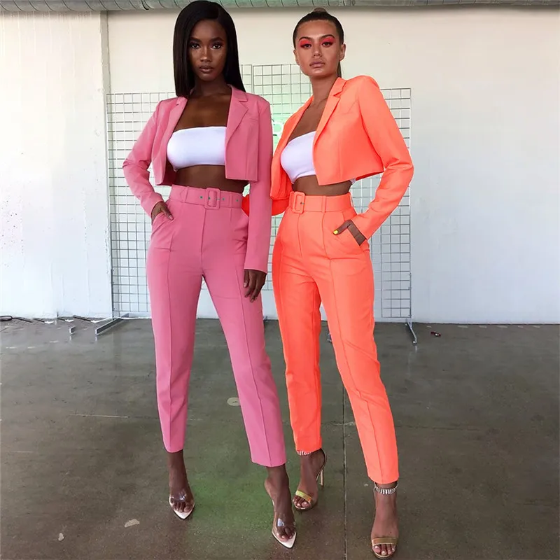 

New Design Runway Two-piece Suit Fluorescent Jacket Blazers Feet Pants Solid Suit Women Yellow Pink Orange