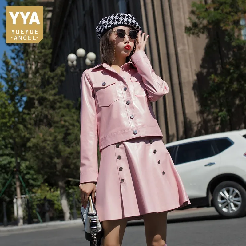 

2019 New Women Colors Sheepskin Real Leather Two Piece Set Genuine Leather Jacket Coat High Waist Double Breasted Skirt Suit Set