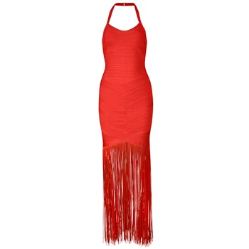 

Top Quality Women Luxury Sexy Halter Tassel Red Long Bandage Dress 2018 Knitted Elastic Party Dress