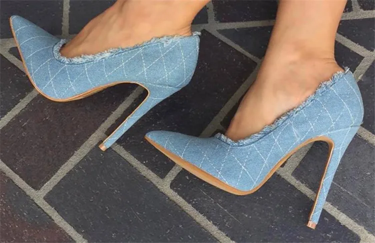 

Sexy Women Retro Grid Blue Denim Pumps Pointy toe Woman Stiletto Frazzle Fringed Slip on Spring Ladies Cowboy High Heels Shoes