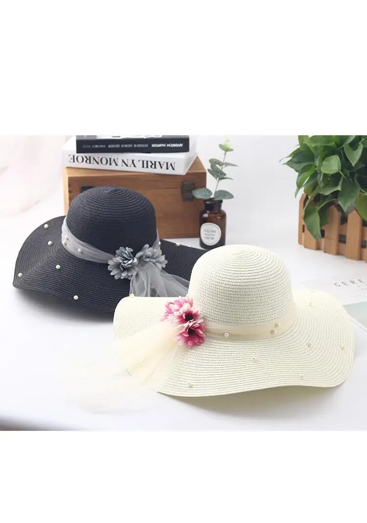 Seioum new flower woman sun hats foldable wide wave brim hand made straw hat female casual shade woman summer beach cap anti-uv
