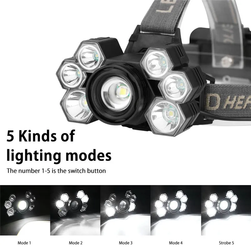 XML T6 LED Headlamp Rechargeable 6 LED Head Light Flashlight Torch Lamp 5 Modes Led Headlight Button Switch Zaklamp 35FY2103