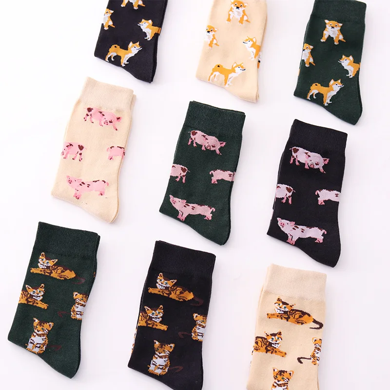 Новинка, милые женские носки из чесаного хлопка с рисунком Kawai, забавный подарок для женщин, Шиба-ину, кошка, свинка, корги, милый рисунок с животными