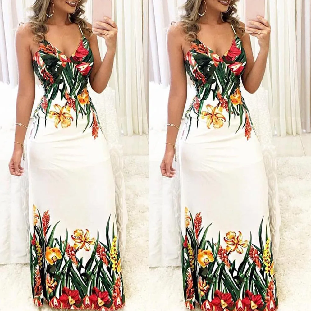 

2019 New Fashion Women's Floral Long Maxi Deep V-neck Lace Up Dress Ladies Slim Sexy Cocktail Party Beach Sundress