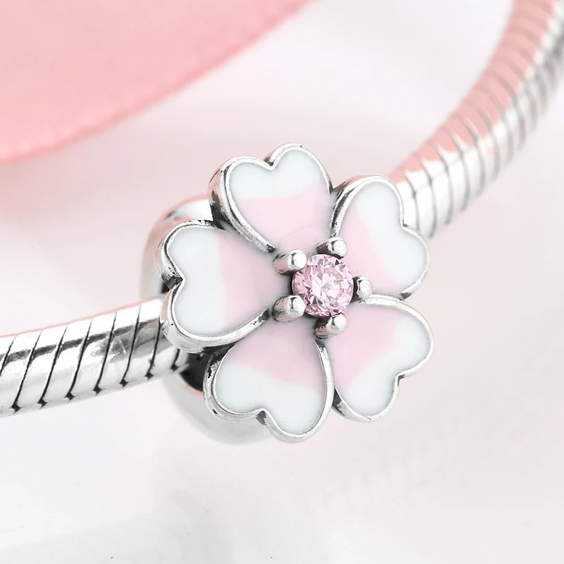 Настоящее серебро 925 белая и Розовая эмаль цветущие цветы прокладка пробки Бусины Подходят Pandora Шарм браслет ювелирных изделий