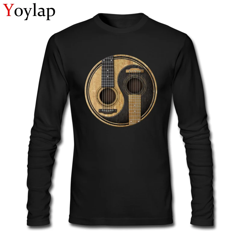 T-shirts Long Sleeve Summer Fitted Custom Round Collar 100% Cotton Student Summer Autumn Tops Tees Summer Tee Shirts Old and Worn Acoustic Guitars Yin Yang black