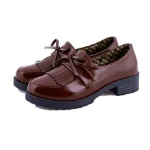 Лоферы для женщин Женская обувь в британском стиле ретро Ленточки Обувь кожаная для девочек закрытым круглым голове толстый каблук плюс Размеры 25-28 p8a58