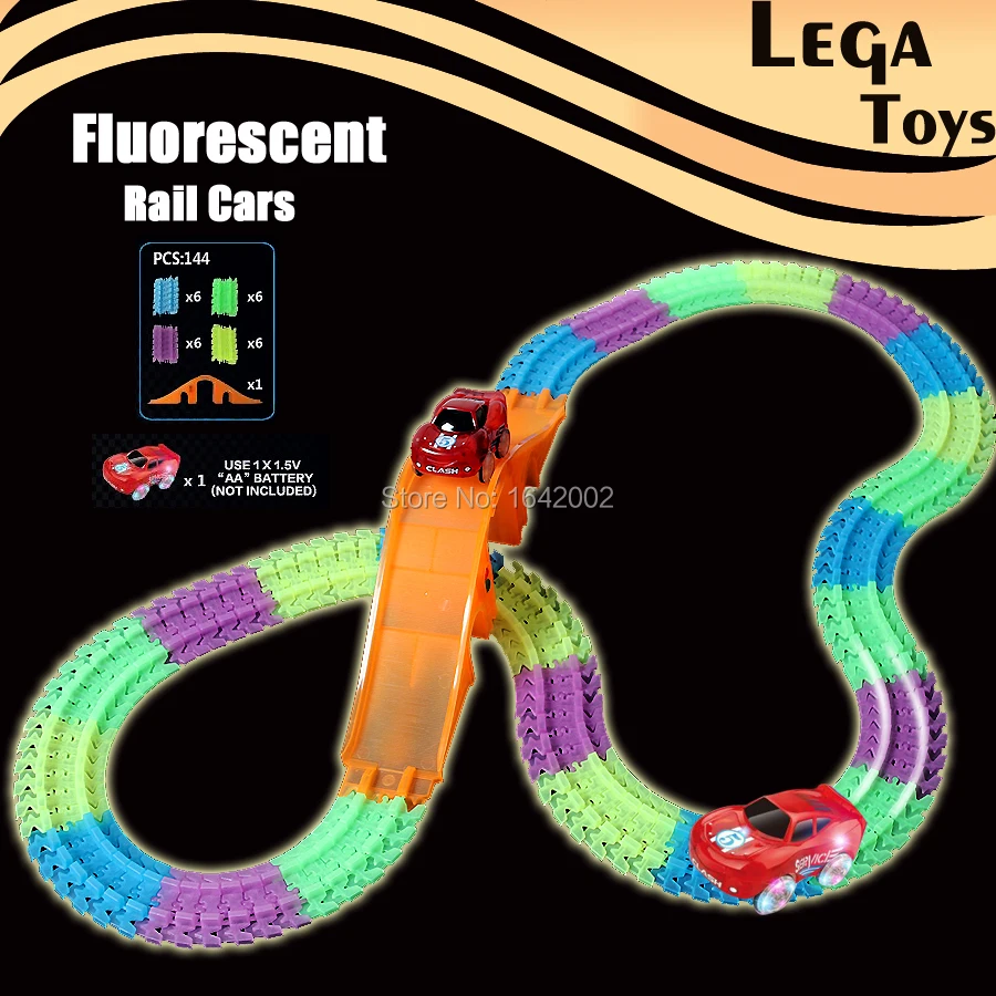

144PCS Fluorescent electric Glow Race Car Track Bend Flex Flash in the Dark Assembly Toys Glow tracks with Bridge and Led Car
