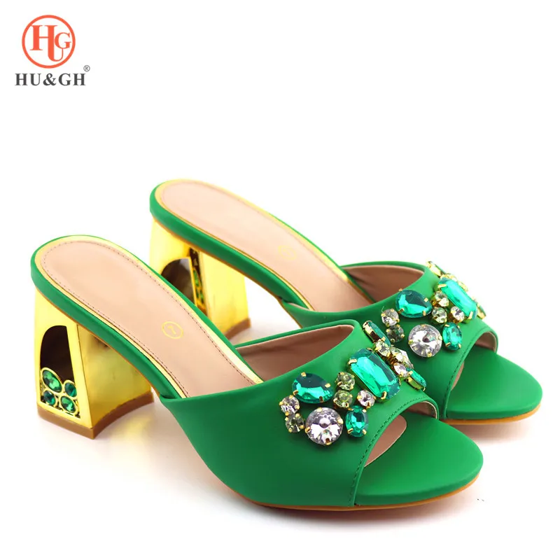 

2019 New Women Slippers Shoes Green Color African Women Wedding Shoes Elegant Italian Woman Shoe with Stone Woman Summer Pumps