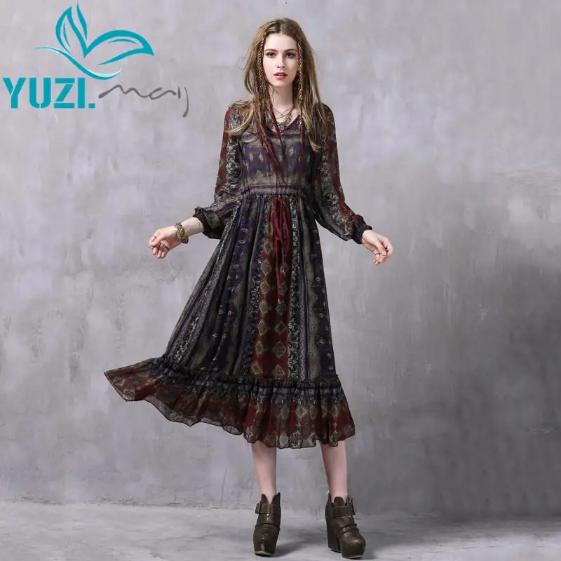 Летнее платье Yuzi. may Boho, новинка, шифоновое платье с длинным рукавом и v-образным вырезом, цветочный принт, высокая талия, макси, пляжные платья A8218 Vestido - Цвет: Floral