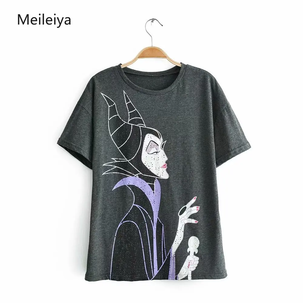 

2019 Summer Maleficent Print O-Neck Tops Tees Famale Short Sleeve Loose Women's T-shirt