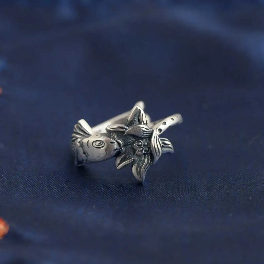 

FNJ 925 Silver Lotus Fish Ring New Fashion Flower Real S925 Sterling Thai Silver Rings for Women Jewelry Adjustable Size
