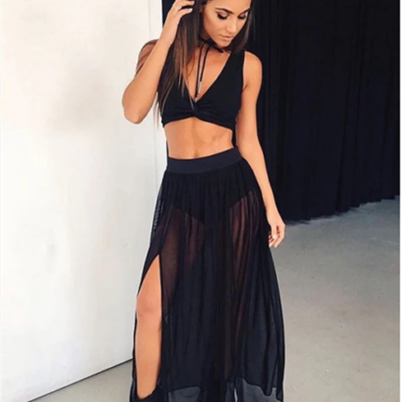 

2018 Vintage Women solid black long skirts mesh fashion beachwear high elastic waist split see-through Swing A-line skirts femme