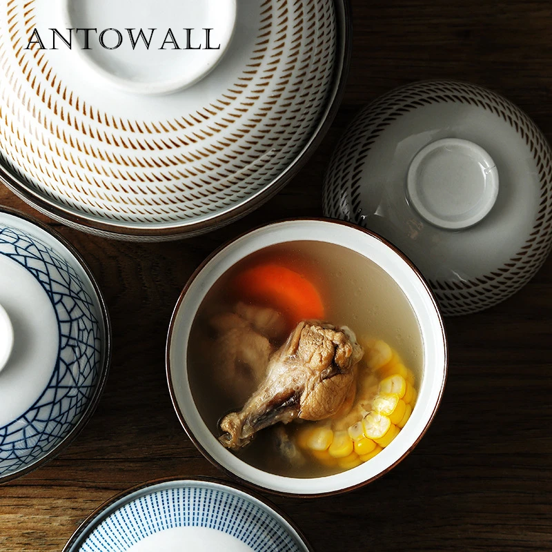 ANTOWALL японская HENGFENG 4,5 дюймов и 6,5 дюймов керамическая миска для супа с крышкой синяя и белая миска для риса тушеная мисо супница
