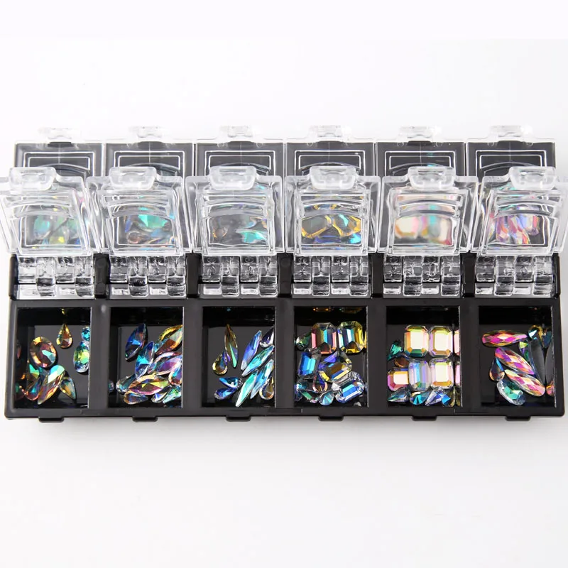 

12 Box/Set 3D Nail Art Colorful Clear Crystal Mixed Size Lady Nails Tips Decals Decoration With Storage Box Container SS