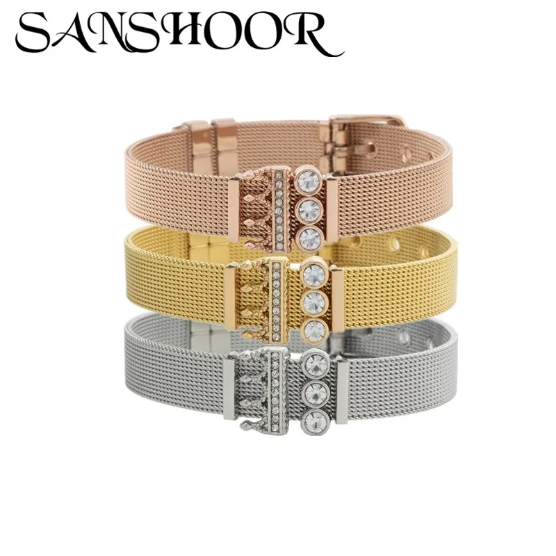Dropshipping SANSHOOR Jewelry Stainless Steel Mesh Bracelet Set &amp Bangle with DIY Crystal Crown Slide Charms as Gift | Украшения и