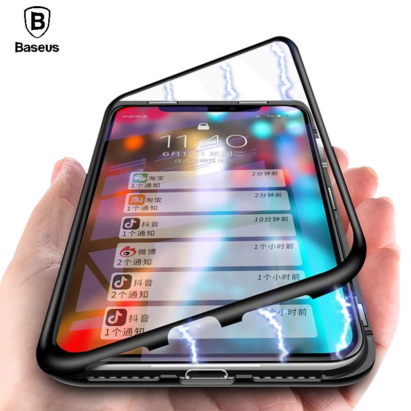 Beste Baseus Magnetische Adsorptie Case Voor iPhone X 10 Luxe Metal Bumper + Gehard Glas Back Cover Flip Case Voor iPhoneX telefoon Gevallen