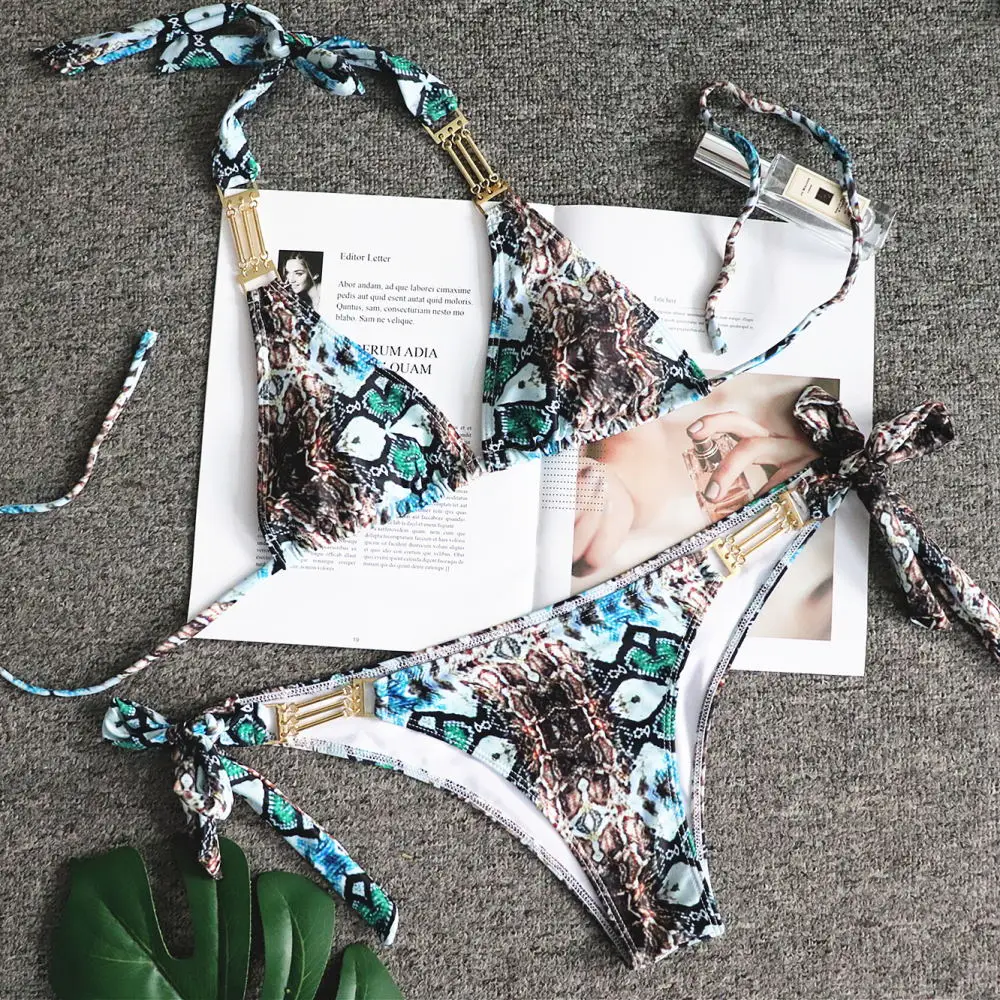 Günstig Schlange drucken bikini 2019 Frauen Bade badeanzug weibliche Metall Ketten bademode Sexy Push up String Bikini set Halfter badeanzug