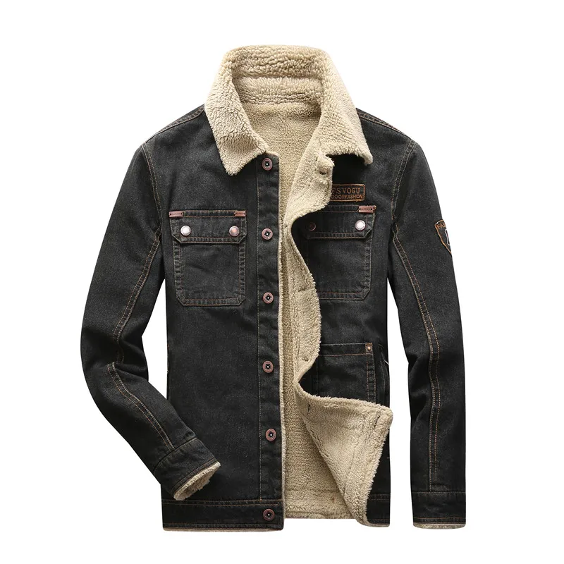 

AFS JEEP Autumn Winter Jacket For Men Warm Fleece Denim Jacket Men Fashion Classic Pockets Decoration Jeans Jacket Plus Size 4XL