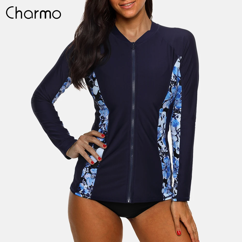 Charmo النساء سحاب أكمام طويلة Rashguard الأزهار طباعة الاندفاع الحرس ملابس تصفح أعلى طفح الحرس قمصان للجري UPF50 +