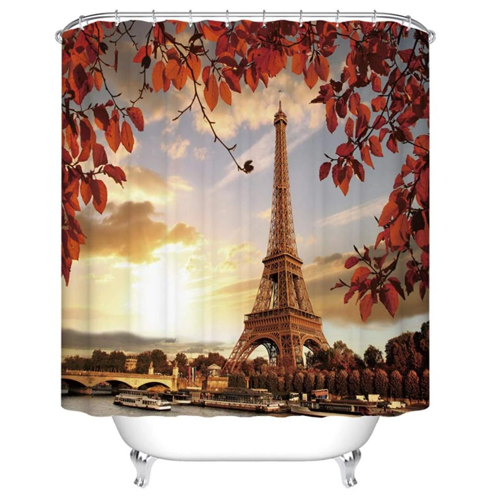 Romantic Fall Tower Decor Autumn Red Leaves Sunset Paris Bathroom Curtain Decor Set With Hooks Shower Curtains Aliexpress