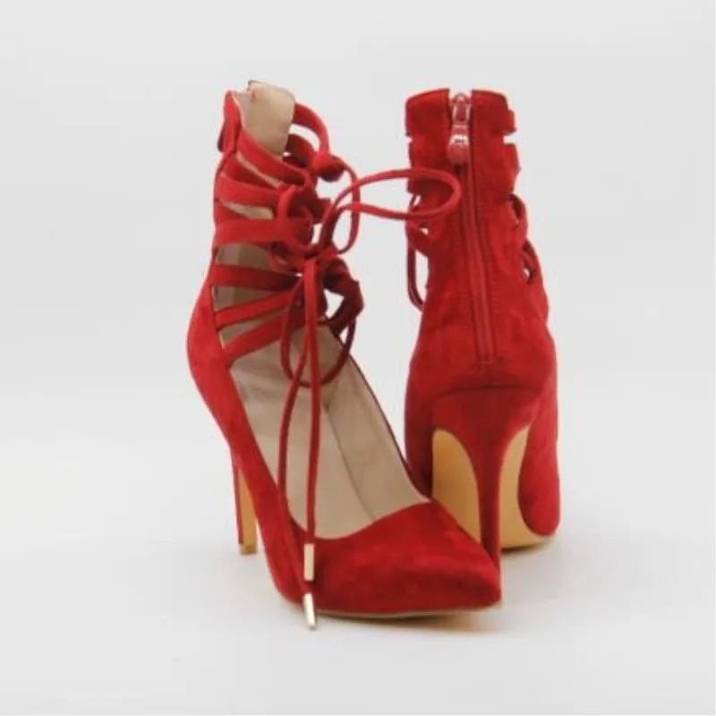SHOFOO shoes, a beautiful sexy post free red cashmere leather, cross straps, tip, 11 cm high-heeled shoes. SIZE:34-45