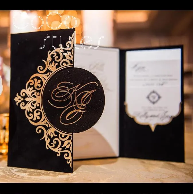 

Cocostyles customized vintage black velvet hardcover boxed invitation card set with pocket inside for royal wedding invitations