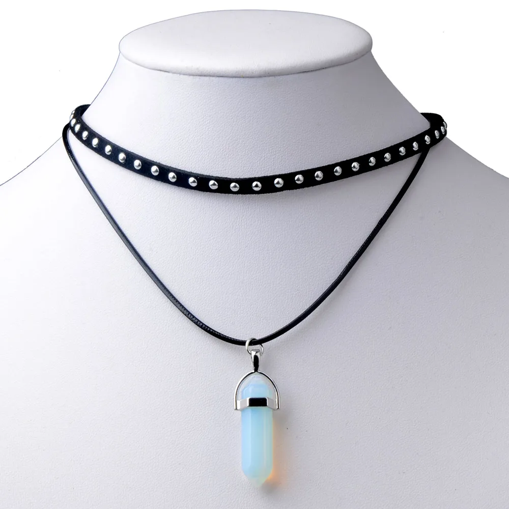 

Hexagonal Column Bullet Quartz Pendant Natural Stone Necklace Velvet Leather Chain Choker Necklace for Women Fashion Jewelry