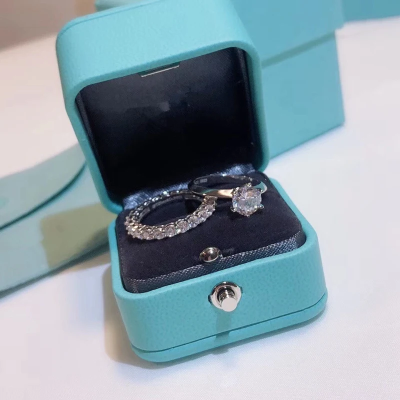 

Classic Elegant Women Pure 925 Sterling Silver Setting 6 Claw Wedding Ring + Full Zircon Cuff Ring Wedding Jewelry Ring Set