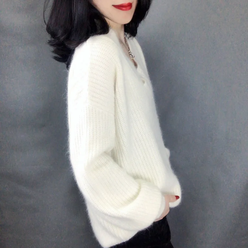 Winter Cashmere V-neck Pullovers Women Sweaters Mohair Knited Warm Thick Loose Lantern Sleeve Fashion Ribbed Tops jersey mujer Winter Cashmere V-neck Pullovers Women Sweaters Mohair Knited Warm Thick Loose Lantern Sleeve Fashion Ribbed Tops jersey mujer