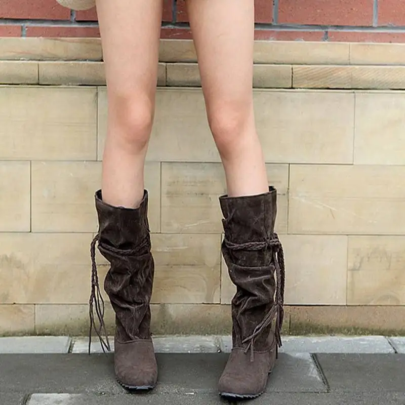 

Laamei Plus Size 35-43 Women Shoes Mid Calf Black Beige Boots Women Motorcycle Flats Long Boots Low Heel Fringe Female Footwear