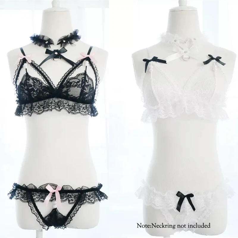 

Sexy Women's Lingerie 2pcs Set Bra & Panties Set Transparent Lace Bikini Pearl Bows Cute Exotic Apparel Black & White