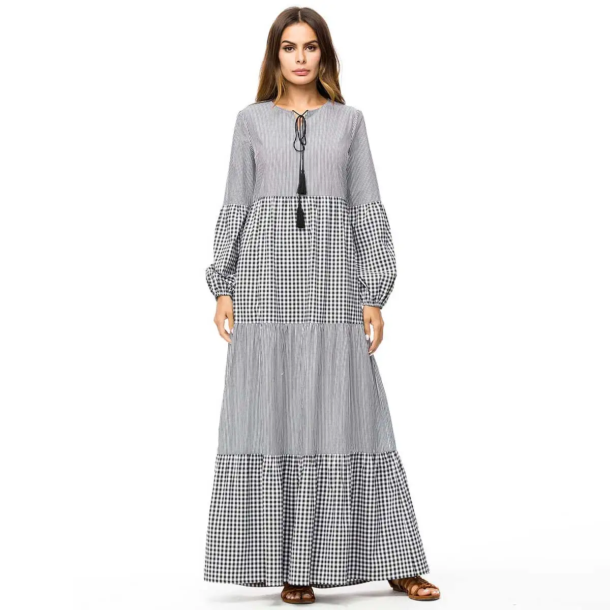

2019 patchwork muslim abaya oversized Women ruffle maxi Dress Autumn lantern sleeve Vestidos islamic dubai arabic thobe VKDR1422